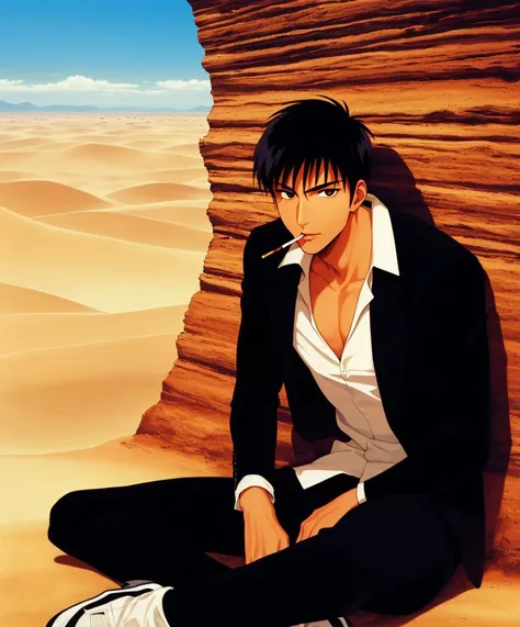 masterpiece, 1boy, wolfwood, black hair, black eyes, cigarette in mouth, desert landscape, <lora:Wolfwoodv1:0.7>