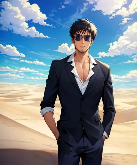 masterpiece, ultra-detailed, intricate, 1boy, wolfwood, black hair, sunglasses, scruff, detailed background, desert, blue sky, clouds, looking at viewer, <lora:Wolfwoodv1:0.65>