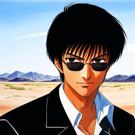 masterpiece, 1boy, takada akemi, portrait, watercolor, wolfwood, black hair, black eyes, desert landscape, white collar, black suit, looking at viewer, painting \(medium\) <lora:Wolfwoodv1:0.8>, <lora:akemiTakada1980sStyle_1:0.5>