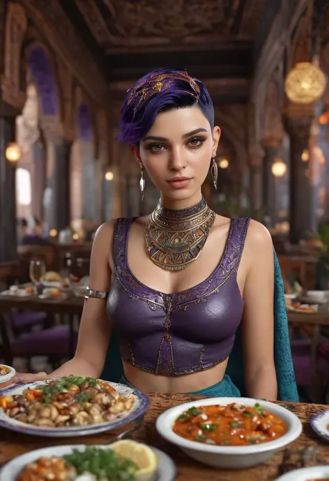 Jomana from Egypt, short undercut [violet-black:.3] hair, 3D render table full of delicious dishes, woman in intricate clothing
<lora:3DNextGen_JRPG_KMMO_Dim32:1>