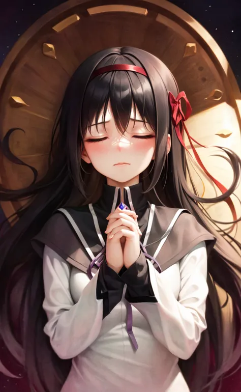 masterpiece, best quality,1girl, solo focus, from above, akemi homura, BP-homura, upper body shot, (long black hair:1.3), hair ribbon, closed mouth, closed eyes, serafuku, sleeping, (Namaste, Hands together:1.3),soul gem, argyle purple gem, lying on sarcophagus, shield,