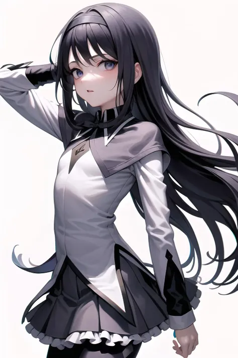 <lora:homura:1>, bp-homura, 1girl, long hair, solo, akemi homura, pantyhose, black hair, magical girl,
1girl, solo,
skirt,
flat chest,
arms at sides,
looking at viewer,
((white background)), simple background,
(best quality), ((masterpiece)), (highres), original, extremely detailed wallpaper,shiny, chromatic aberration abuse, detailed background, vivid color, (highly ultra detailed face and hair and skin and eyes and finger and cloth and background and hair:1.2),, ,