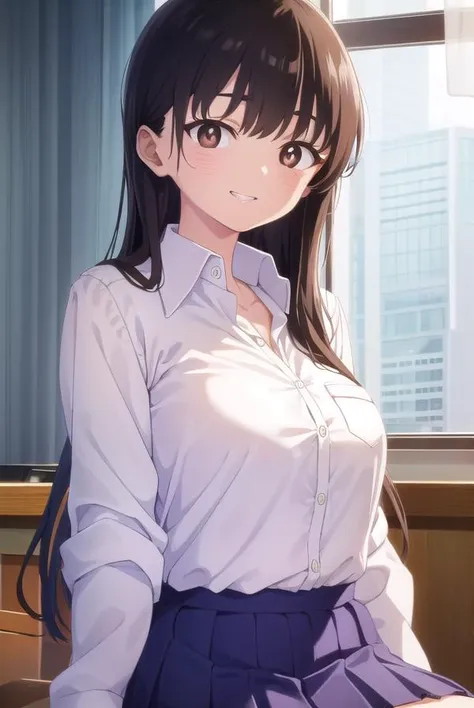koganetsukioka, kogane tsukioka, (brown eyes:1.5), brown hair, hair tie, ponytail, BREAK bare legs, blue skirt, collarbone, collared shirt, miniskirt, shirt, short sleeves, skirt, tented shirt, tied shirt, tight clothes, tight shirt, white shirt, wing collar, BREAK looking at viewer, BREAK outdoors, BREAK (masterpiece:1.2), best quality, high resolution, unity 8k wallpaper, (illustration:0.8), (beautiful detailed eyes:1.6), extremely detailed face, perfect lighting, extremely detailed CG, (perfect hands, perfect anatomy),