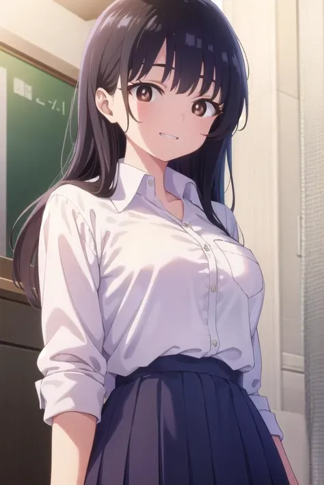 annayamada, <lora:anna yamada s1-lora-nochekaiser:1>,
anna yamada, long hair, bangs, black hair, (brown eyes:1.5), smile, grin,
BREAK skirt, shirt, school uniform, white shirt, pleated skirt, collared shirt, sweatdrop, blue skirt, pocket, shirt tucked in, breast pocket,
BREAK indoors, classroom,
BREAK looking at viewer, (cowboy shot:1.5),
BREAK <lyco:GoodHands-beta2:1>, (masterpiece:1.2), best quality, high resolution, unity 8k wallpaper, (illustration:0.8), (beautiful detailed eyes:1.6), extremely detailed face, perfect lighting, extremely detailed CG, (perfect hands, perfect anatomy),