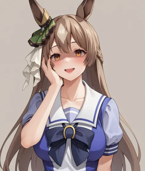 score_9, score_8_up, score_7_up BREAK
tracen_uniform, 1girl, solo, long hair, breasts, looking at viewer, blush, smile, open mouth, huge breasts, simple background, brown hair, animal ears, brown eyes, school uniform, collarbone, braid, short sleeves, horse ears, horse girl, shaded face, hand on own face, half updo, hand on own cheek, tracen school uniform, yandere, ear ornament, <lora:Satouno Diamond-ponyXL_V1:1>,