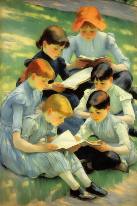 <lora:Mary Cassatt Style:1>Mary Cassatt Style - mary cassatt,A group of boys and girls sat on the ground reading