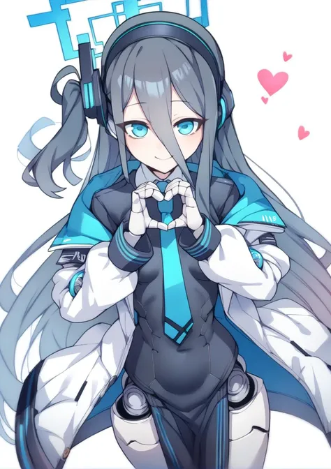 (((humanoid robot, joints, mechanical hair, pelvic curtain, robot, robot girl, robot joints, ))) blue archive, aris (blue archive), sprout (haji s), 1girl, :d, black hair, black hairband, black skirt, blue eyes, blue necktie, blush, breasts, collared shirt, hair between eyes, hairband, halo, hands up, heart, heart hands, jacket, long hair, long sleeves, looking at viewer, necktie, one side up, open clothes, open jacket, pleated skirt, puffy long sleeves, puffy sleeves, shirt, simple background, skirt, small breasts, smile, solo, standing, very long hair, white background, white jacket, white shirt <lora:Ban AP:1>, score_9, score_8_up, score_7_up, score_6_up, score_5_up, score_4_up, BREAK source_anime, masterpiece