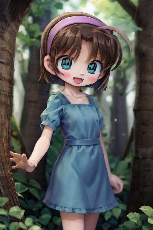 A girl in a blue dress standing in the woods - SeaArt AI
