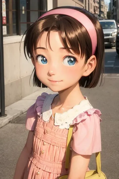 1girl, ayumi_yoshida, blue eyes, hairband, bangs, short hair, brown hair, smile, city <lora:ayumi:0.6>