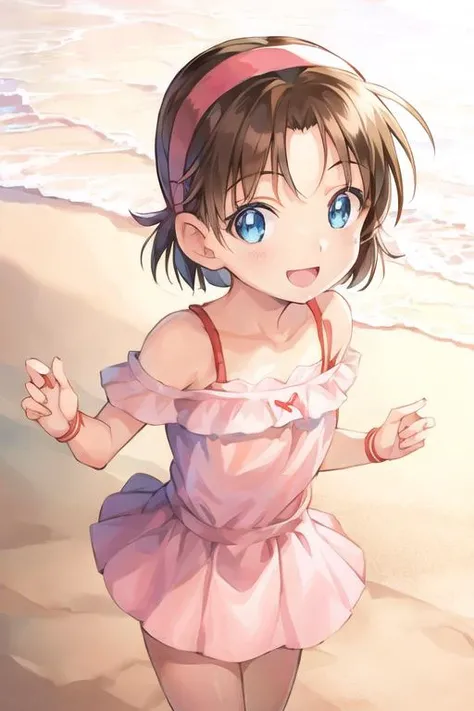 1girl, ayumi_yoshida, blue eyes, hairband, bangs, short hair, brown hair, smile, beach <lora:ayumi:0.6>