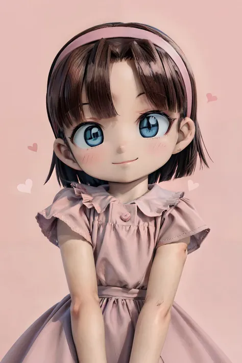 (masterpiece, best quality;1.3), ultra detailed, 1girl, solo, ayumi_yoshida, blue eyes, pink hairband, bangs, short hair, brown hair, pink dress, <lora:ayumi:0.7> smile, from below, 
<lora:add_detail:0.5>  heart,