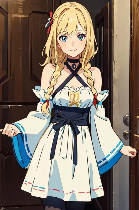 ultra detailed, masterpiece, best quality,
solo,
cowboy shot,
facing viewer,
soft smile, light smile,
1girl, blue eyes, very long hair, blonde hair, long blonde hair, french braid, bangs, medium breasts,
hair ribbon, frilled choker, criss-cross halter, sleeveless dress, high-waist skirt, backless dress, waist bow, detached sleeves, frilled sleeves, wide sleeves, pantyhose, patterned legwear, mary janes, <lora:zcShinkai:0.75> zcshinkai\(\style\)