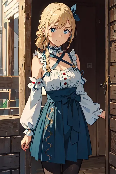 Anime girl in a blue dress standing in front of a door - SeaArt AI