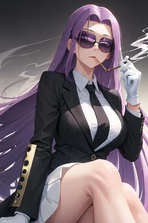 A bartender with long purple hair, with a curvy figure, of sand, the woman smoking, with a serious face and tall body, red eyes