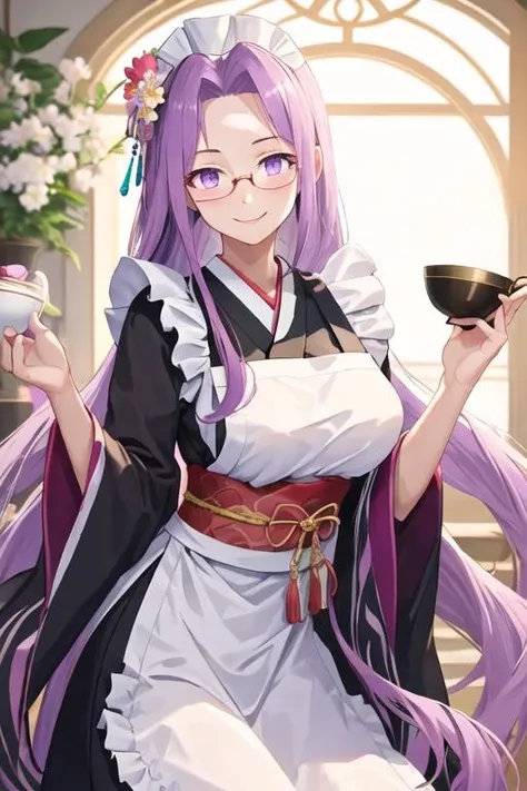 best quality, masterpiece, highres, solo, {medusa_fgo:1.15}, long_hair, purple_hair, very_long_hair, purple_eyes, breasts, large_breasts, 1girl, apron, flower, glasses, hair_flower, hair_ornament, japanese_clothes, kimono, cup, official_alternate_costume, looking_at_viewer, holding, maid_apron, smile, wa_maid, white_apron