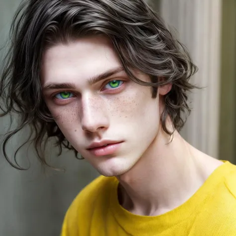 beautiful boy, black hair, pale skin,heterochromia, yellow and green eyes, beautiful, thin chin, freckles, blushed, blue eyes,yellow eyes, heterochromia, beautiful face, young, age,long straight hair