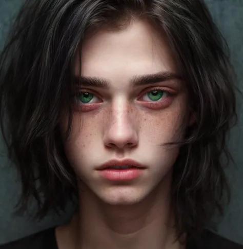 beautiful boy, black hair, pale skin,heterochromia, yellow and green eyes, beautiful, thin chin, freckles, blushed, blue eyes,yellow eyes, heterochromia, beautiful face, young, age,long straight hair