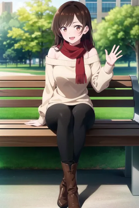 masterpiece, best quality, full body shot, 1girl, medium breasts, sitting on the bench, crossed legs, waving at viewer, white sweater, off shoulder, red scarf, black tight pants, brown leather boots,
<lora:chizuru-kanokari:0.85>, chizuru ichinose, looking at viewer, big smile,
in the park,