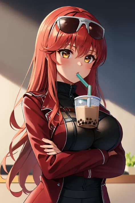 (masterpiece, best quality:1.2), solo, 1girl, volume, tan, bubble tea challenge, drinking straw, crossed arms, eyewear on head, torn clothes, jacket, bodystocking <lora:volume-nikke-richy-v1:1> <lora:concept_bubbleteachallenge-16:1>