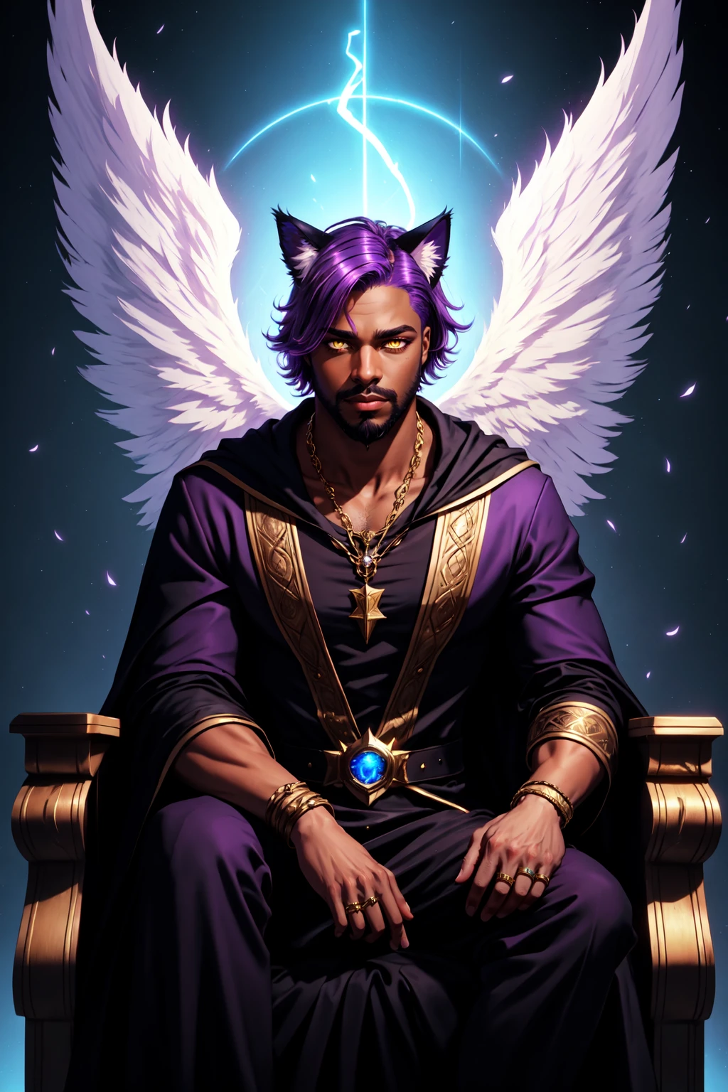 Hellaine Style, solo, 1boy, yellow eyes, purple hair, male focus, facial hair, beard, wide sleeves, glowing, cat ears, animal ears, feathered wings, jewelry, sitting, dark skin, dark skinned male, ring, glowing eyes, robe, throne, <lora:Hellaine:0.5>