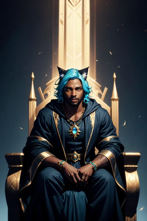 Hellaine Style, cat ears, animal ears, feathered wings, solo, looking at viewer, 1boy, jewelry, sitting, yellow eyes, blue hair, male focus, wide sleeves, glowing, dark skin, dark skinned male, facial hair, ring, glowing eyes, beard, robe, throne, <lora:Hellaine:0.5>