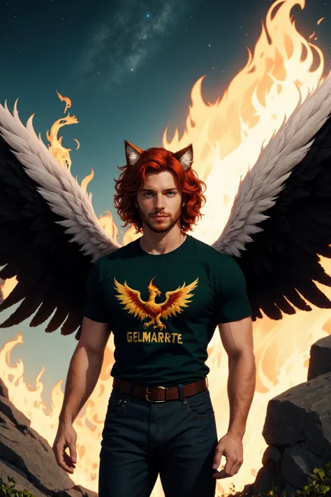 Hellaine Style, Phoenix Montoya, solo, looking at viewer, cat ears, animal ears, strawberry blonde hair, red hair, fluffy hair, curly hair, 1boy, green eyes, male focus, BREAK tshirt, belt, pants, day, outdoors, sky, tree, facial hair, germanic heritage, hispanic, realistic, fantasy painting, celestial, feathered wings, fire, flames, <lora:Hellaine:0.5>