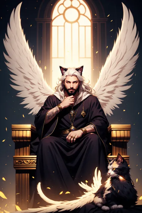 <lora:Hellaine:0.5> Hellaine Style, cat ears, animal ears, feathered wings, solo, long hair, looking at viewer, 1boy, jewelry, sitting, yellow eyes, white hair, male focus, wide sleeves, glowing, facial hair, ring, glowing eyes, beard, robe, throne