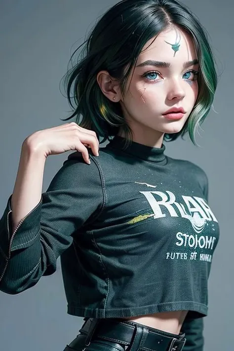 ((Masterpiece, best quality,edgQuality)), (best quality:1.2), (aesthetic + beautiful + harmonic), sharpen details, (intricate details:1.2), (detailed face, detailed body, ((detailed Heterochromia eyes (blue/green))), detailed mouth, ((a small scar on her cheek makes her face even more beautiful)), detailed hands:1.5), solo, girl, ((full body shot)), thin, (((flat, very small, just starting to grow breasts)), ((pointy nipples sticking out from under your clothes)), messy, disheveled short black hair,
Ripped,clothes in grunde style: Dark colors in clothing, Tattoos, metallic details in clothes and accessories, (Combat boots, doc martens), Leather Black Jacket, Ripped black jeans, Slogan T-shirt (Band t shirt), Very Short black Crop top,