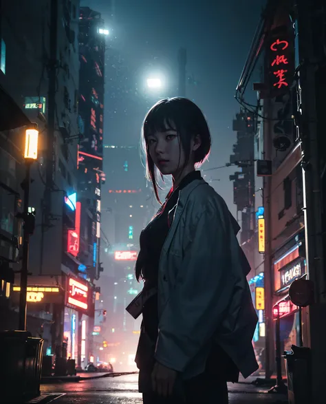 A Cyberpunk Female teen of japan as a game Character, masterpiece, best quality, photorealistic, cinematic lighting, dark atmosphere, volumetric lighting, <lora:CHARA_lucyCyberpunk:0.7>, trailer