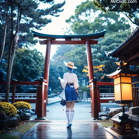 autumn_leaves, bare_tree, blue_skirt, blue_sky, bridge, cloud, day, from_behind, geta, hat, lantern, looking_at_viewer, multiple_torii, outdoors, short_hair, shrine, skirt, sky, solo, stairs, standing, stone_lantern, tengu-geta, torii, tree, white_legwear, wide_sleeves,, masterpiece, best quality, photorealistic, cinematic lighting, dark atmosphere, volumetric lighting,chc, <lora:chc_cat_realmix_regression1-epoch2:0.9>