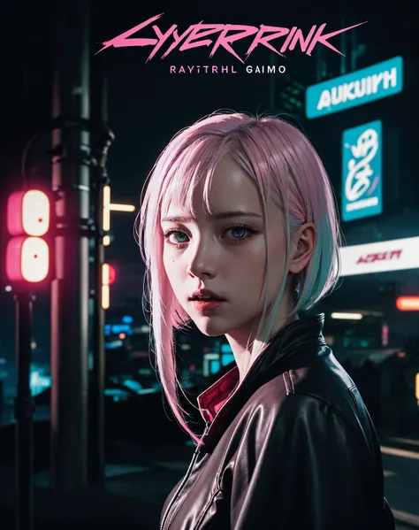 A Cyberpunk Female teen of Japanese as a game Character, masterpiece, best quality, photorealistic, cinematic lighting, dark atmosphere, volumetric lighting, <lora:CHARA_lucyCyberpunk:0.7>, trailer , poster , white hair, pink hair