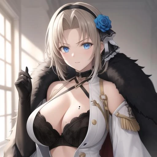 (masterpiece, best quality:1.2),illustration,8k,hd,1girl,solo,upper body,(portrait:1.2),kronshtadt (azur lane),elbow gloves,mole on breast,blue eyes,high heels,large breasts,black gloves,cleavage,very long hair,black bra,black pantyhose,underwear,blonde hair,white coat,hair flower,bare shoulders,hair ornament,bangs,sheathed,dress,hairband,black footwear,fur-trimmed coat,coat on shoulders,sheath,rose,parted bangs,lace trim,<lora:Kronshtadt(azur)>,