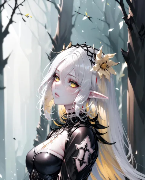 ((masterpiece, best quality, high detailed:1.2)), 8k uhd, 1girl, slender, solo, <lora:IseriaV4-08:0.8>, witch iseria, ((parted lips:1.2)), cleavage, (medium breasts, hair flower), long hair, ((multicolored hair, white hair, yellow hair, elf)), ((black dress, thigh boots:1.4)), forest, ((upper body, looking at viewer, from side:1.2)), daylight, vivid colors, (scar)