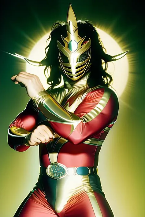 A photo of a gold and red debut type masked man without horns, masterpiece, (ultrarealistic:1.2) <lora:JushinLiger:1>