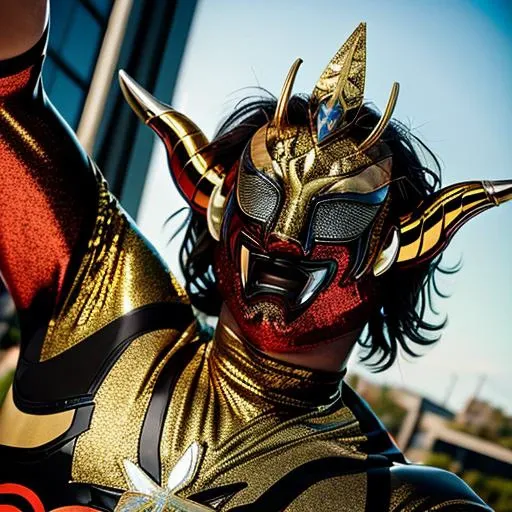 A high gloss sparkle metal flake gold and red man <lora:JushinLiger:1>