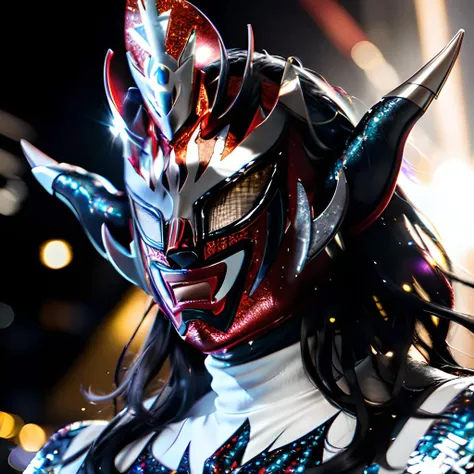 A photo of a a high gloss red and silver metal flake sparkle masked man, glistening, sparkling under bright lights, masterpiece, (ultrarealistic:1.3) <lora:JushinLiger>