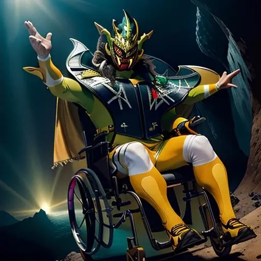 a green and yellow entrance cape masked 1man sitting in a wheelchair that is tumbling through the air off of a cliff into an abyss, (ultrarealistic:1.3), highly detailed, dynamic <lora:JushinLiger:1>