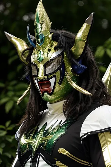 A photo of a green and gold man, (ultrarealistic:1.2) <lora:JushinLiger:1>