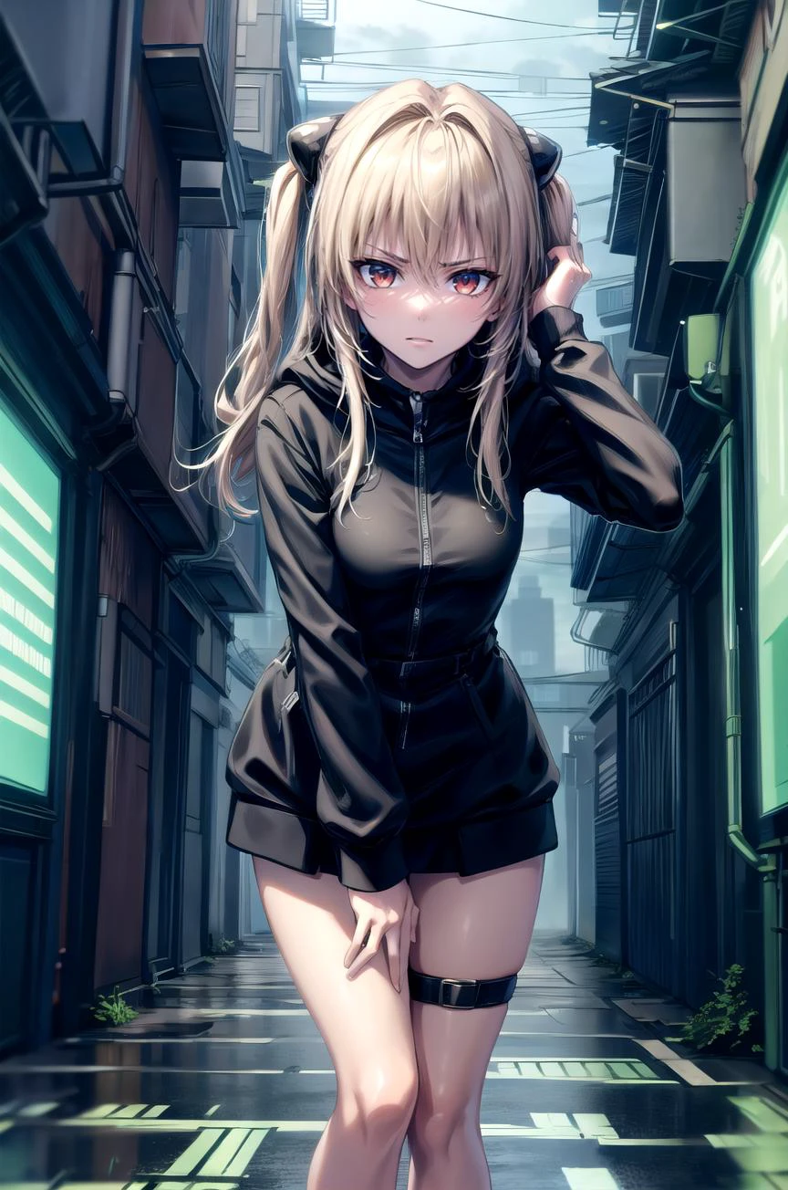 (masterpiece, best quality, detailed), 1girl, solo, looking at viewer, aayami, long hair, two side up, hair ornament,
<lora:HackedTech-20:1.1>, matrix, hackedtech, data stream, green hues, black hoodie, hoodie, leather, <lora:alley-wasabi:1>, alleyway, industrial pipe, building, urban, power lines, cloudy sky, sign, dark, night, puddle, leaning forward, adjusting hair, hand in own hair, hand on own thigh, from above, closed mouth, glaring