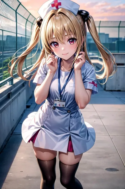 (masterpiece, best quality, detailed), 1girl, solo, looking at viewer, aayami, long hair, two side up, hair ornament,
nurse, nurse uniform, white thighhighs, nurse cap, id card, white dress, <lora:school_rooftop_v0.1:1>, school rooftop, chain-link fence, fence, sunset, indian style, hands on feet, smile, closed mouth