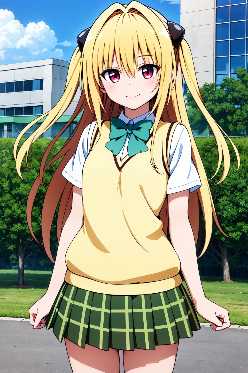 masterpiece, best quality, highres, aayami, very long hair, two side up, hair ornament, school uniform, green bowtie, white shirt, sweater vest, yellow vest, short sleeves, plaid skirt, green skirt, <lora:konjiki_no_yami_v1:0.7>, standing, cowboy shot, smile, outdoors