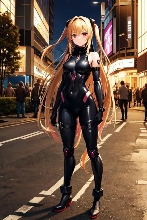 masterpiece, best quality, highres, aayami, very long hair, two side up, hair ornament, <lora:konjiki_no_yami_v1:0.7>, night, cyberpunk, city, street, bodysuit, gloves, standing
