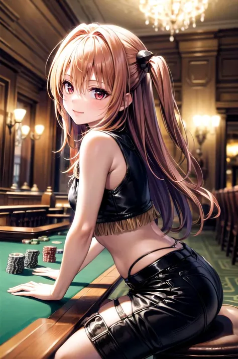(masterpiece, best quality, detailed), 1girl, solo, looking at viewer, aayami, long hair, two side up, hair ornament,
<lora:cowgirl_outfit_v0.1a:1.05>, (cowgirl outfit, cowboy hat), fringe trim, midriff, holster, indoors, casino, chandelier, roulette, money, dutch angle, sitting, from side, smile, closed mouth