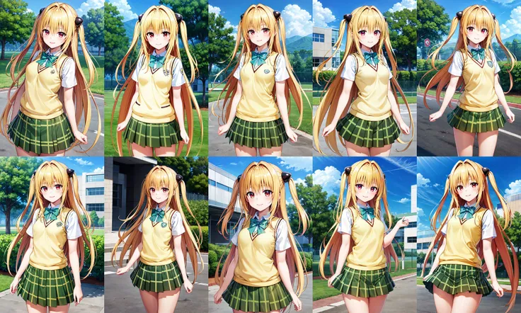 masterpiece, best quality, highres, aayami, very long hair, two side up, hair ornament, school uniform, green bowtie, white shirt, sweater vest, yellow vest, short sleeves, plaid skirt, green skirt, <lora:konjiki_no_yami_v1:0.7>, standing, cowboy shot, smile, outdoors