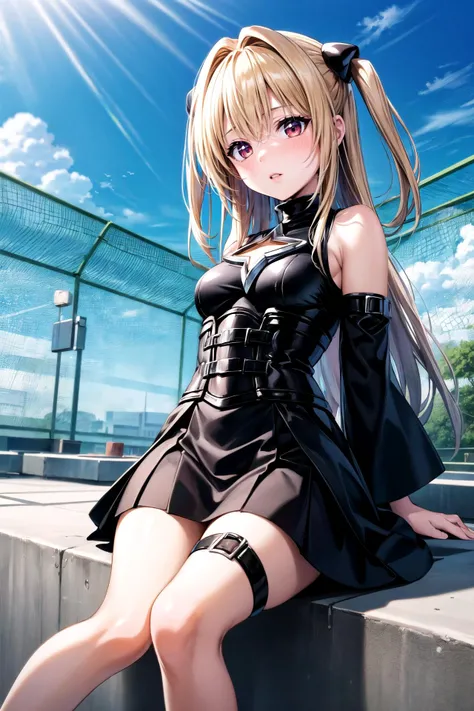 (masterpiece, best quality, detailed), 1girl, solo, looking at viewer, aayami, long hair, two side up, hair ornament, bare shoulders, black dress, clothing cutout, detached sleeves, belt, thigh strap,
from below, sitting, on ground, against wall, building, blue sky, head tilt, parted lips, sunlight, dutch angle, full body, wide shot, <lora:school_rooftop_v0.1:0.8>, school rooftop, chain-link fence, fence