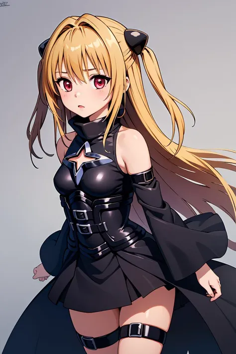 (masterpiece, best quality), 1girl, <lora:konjiki_no_yami_v1:1> aayami, long hair, two side up, hair ornament, bare shoulders, black dress, clothing cutout, detached sleeves, belt, thigh strap