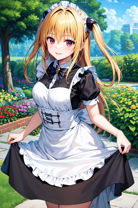 masterpiece, best quality, highres, aayami, very long hair, two side up, hair ornament, <lora:konjiki_no_yami_v1:0.7>, maid, maid headdress, smile, garden, skirt hold, standing