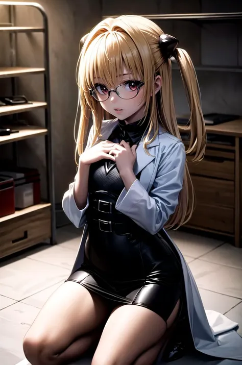 (masterpiece, best quality, detailed), 1girl, solo, looking at viewer, aayami, long hair, two side up, hair ornament,
scientist, labcoat, glasses, collared shirt, pencil skirt, <lora:basement_v0.2:1> basement, (dark:1.5), dimly lit, kneeling, hand on own chest, parted lips