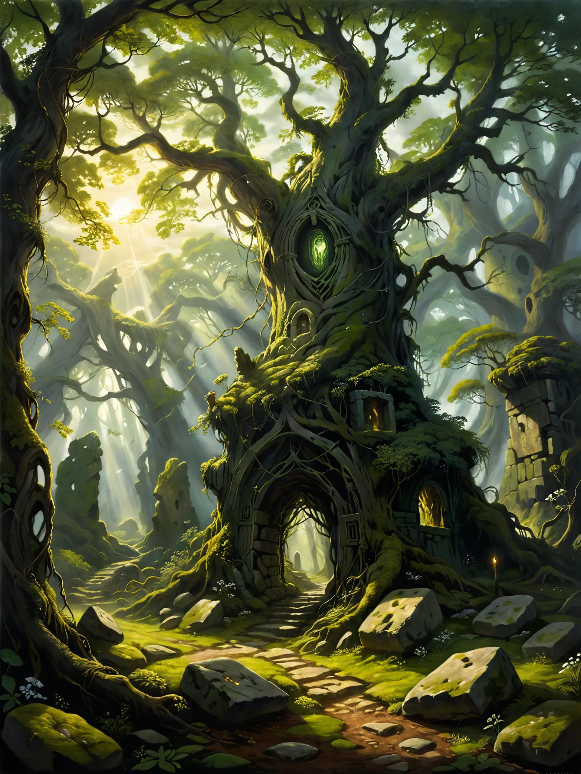 <loractl:envybetterhiresfixxl01-xl:0.0:hr=1.0> <lora:add-detail-xl:2.4> <lora:xl_more_art-full-xl:0.6> <lora:rmsdxl_enhance-xl-by_rmada:3.0> <lora:lyco-style-envydramaticlightingxl01_digital_art-xl:0.2> <lora:dark_atmospheric_contrast-xl-by_zavy:0.4> <lora:lyco-style-george_barret_sr-xl-by_frutiemax:0.6> famous oil painting about fate and destiny, by (annie soudain:1.2) and g30rg3b4rr3tsr, in the heart of an ancient overgrown gnarled forest, whispers of the wyrd drift through the tangled branches, mystical runes etched into ancient stones mark the intersection of mortal paths and cosmic forces, moss-coverd outliers, standing stones, magic, magical, dramatic sky, dappled light, dark corners, low-key, atmospheric, aesthetic, ethereal, ultra detailed