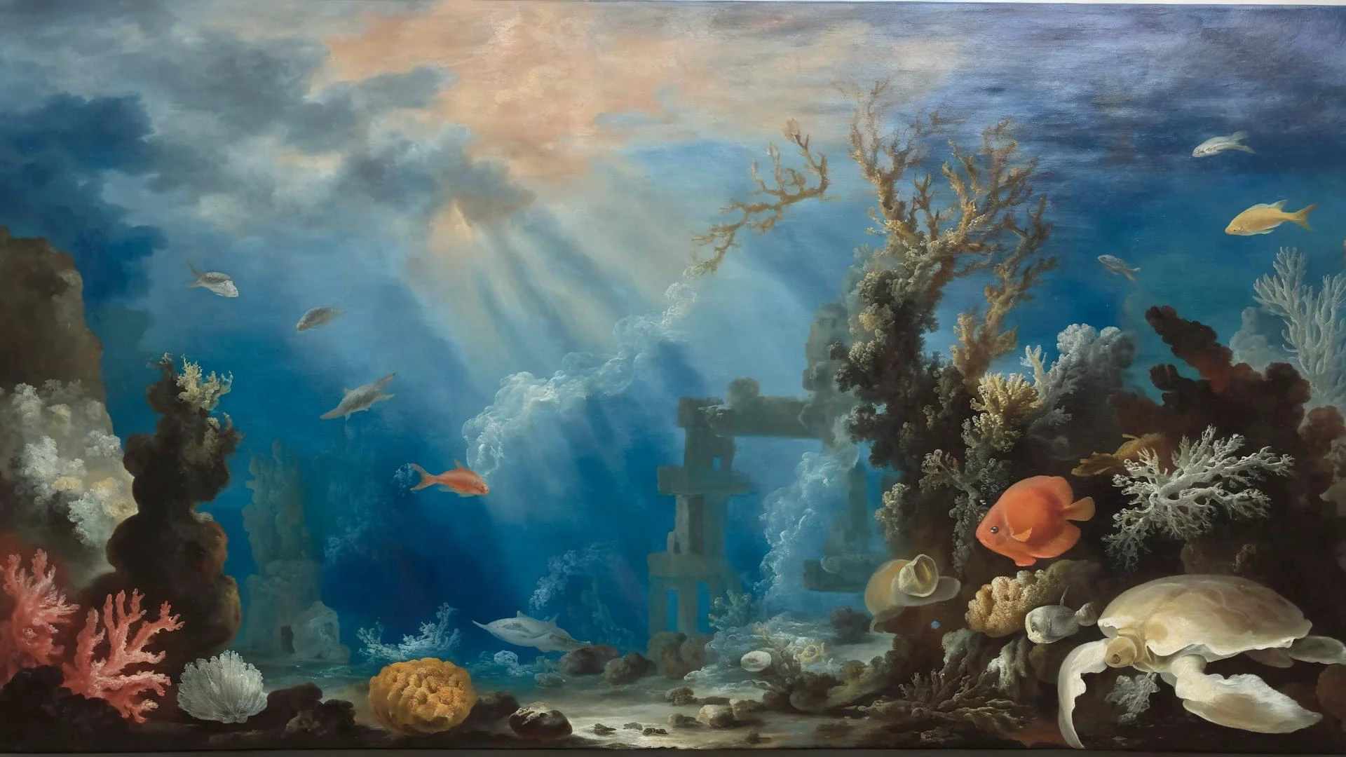 <lora:G30rg3B4rr3tSr_v1:1>, G30rg3B4rr3tSr oil painting, complex composition, underwater sea world, great coral barrier